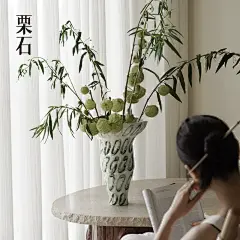 栗石【青瑶】手绘釉面青斑陶瓷花瓶法式中古客厅餐桌艺术插花摆件-淘宝网