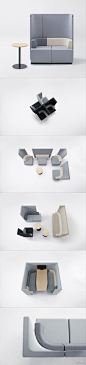 模块化组合沙发，日本Nendo设计工作室想到了一个办法，为家具厂商KOKUYO设计了一套造型独特的高背沙发。取名“括号（Bracket）”，外形也像一对括号，这套高背沙发的目的是要把沙发上的人围在里面。自由化程度很高啊，根据不同的需求调整沙发类型，再也不愁尺寸不合适了，有了它就无需定做了。