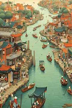 AI数字艺术国朝手绘端午节赛龙舟场景插画