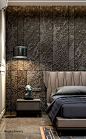 Halloween style!! Rough surface on panels behind bed -- dark gray and neutral master bedroom! Just the right style for a very modern elegant vampire!