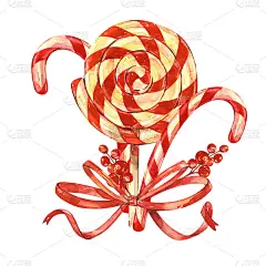 一束圣诞棒棒糖，带蝴蝶结的浆果。孤立在白色背景上。手工绘图。圣诞贺卡的元素。