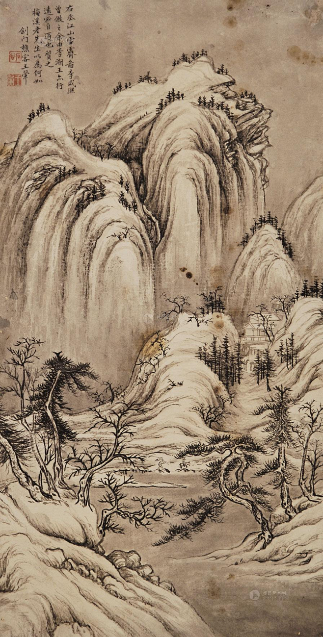 王翚——【右丞江山雪霁图，李咸熙曾仿之。余由李溯王亦行…】雪景人物山水 立轴欣赏 | 清|王翚(1632-1717)字石谷，号耕烟散人、鸟目 ...