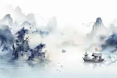 水墨徽派建筑江南水乡插画