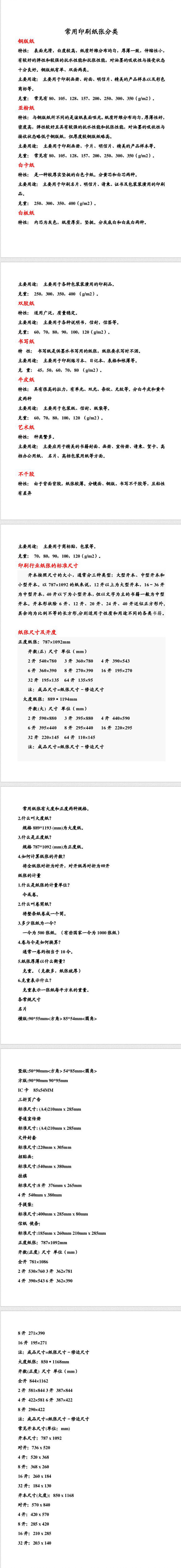 常用印刷纸张分类