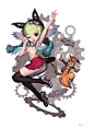 Eggbean & Cat engineer 眨眼可爱女孩和小猫咪，齿轮背景