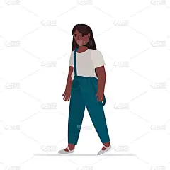 非裔美国儿童小女孩穿着休闲时尚的服装，女性卡通人物站姿