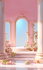 a pink room with some flowers and columns on it, in the style of realistic usage of light and color, bryce 3d, poetic pastoral scenes, fairycore, marble, cute and colorful, ornate simplicity