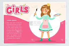 小女孩穿着可爱的裙子，手里拿着画笔和调色板