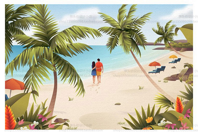 浪漫艺术油墨画风格海滩情侣度假沙滩大海椰...