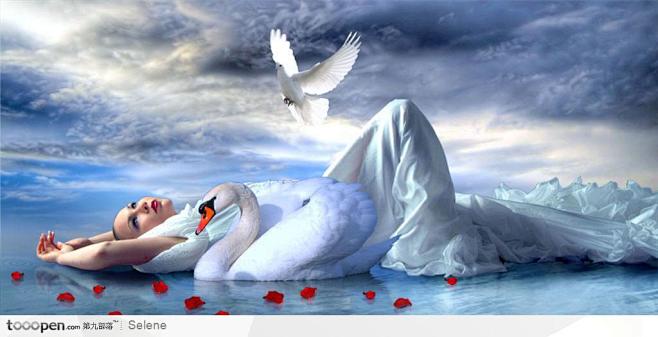 躺在湖面上的穿白色裙子的美女天鹅白云天空...