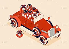 带着一大束郁金香的复古敞篷车。三十多岁的红色老爷车。女性节日贺卡