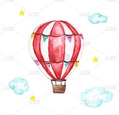 水彩热气球、云彩和星图在白色背景上隔离. 手绘老式气球在空中飞舞.