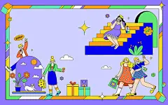 扁平风线条时尚电商购物人物手绘PNG插画素材购物节