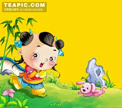 草地上的小孩子和粉色小狗插画