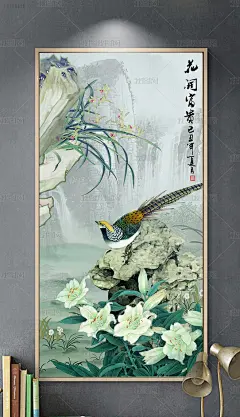 新中式山水兰花鸟玄关背景墙装饰画