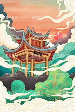 古建筑  - 源文件下载【酷图网】古建筑,城市印象,唯美,插画,手绘,创意