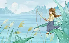 蓝色绿色卡通节气白露女孩芦苇丛中垂钓手绘海报背景素材免费下载 - 觅知网