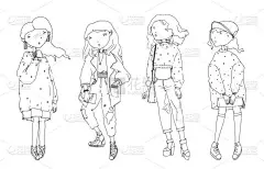 矢量集超大的毛衣、 羊毛衫的可爱可爱的时尚女孩。手绘插画在白色背景上绘制与黑色描边。时尚时尚女性人物