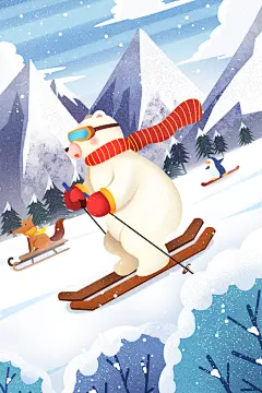 冬季风雪堆雪人可爱卡通风景插画