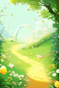 easter spring background wallpaper, in the style of childlike innocence, flickr, delicately rendered landscapes, yellow and emerald, free brushwork, rounded, adonna khare