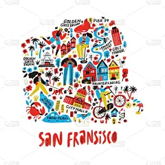 加利福尼亚,著名景点,绘画插图,建筑,城市,乱画,信息图表,概念,平坦的,矢量