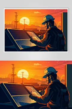 AI数字艺术太阳能光伏板工地新能源插画-众图网