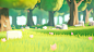 3D mini game, with several trees on the grass and soft colors