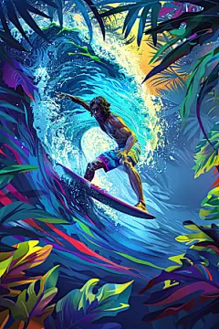 扁平风冲浪手绘夏季插画