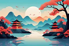千里江山国潮山水插画背景图