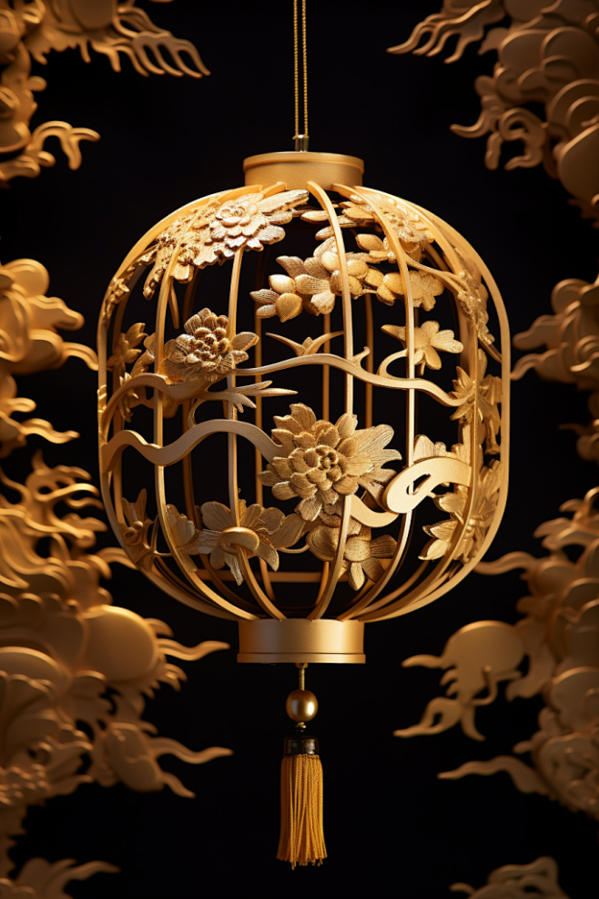 中式华丽精致金色花卉灯笼元素插画