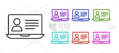 黑线在线类图标隔离在白色背景上。在线教育的概念。设置图标丰富多彩。向量
