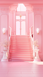 an empty pink room with stairs and a perfume rack, in the style of hyper-realistic pop, classical architecture, rtx on, traditional chinese, ballet academia, pinkcore, monochromatic