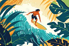 扁平风冲浪夏天手绘插画