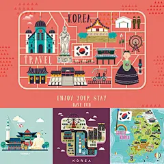 扁平化韩国旅行地标建筑美食手绘地图插画EPS矢量设计素材H107-淘宝网