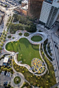 Pacific Plaza Park | Dallas, USA | SWA #landscapearchitecture #design #dallas #texas #usa #park #plaza #pacificplaza #grass #structure #pavilion #sculpture #aerial #drone