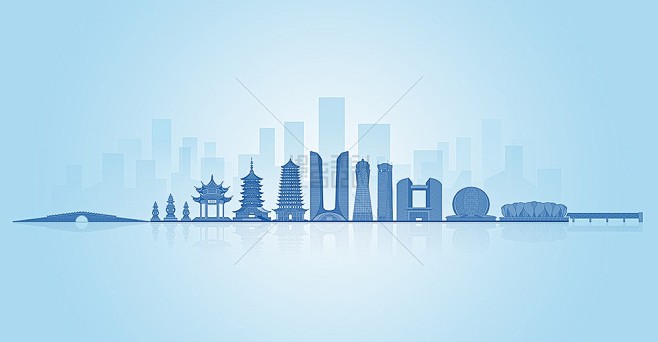杭州地标建筑剪影线稿 浙江文明城市展板p...