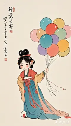 全景,水墨插画,极简主义，漂亮的唐代女士插画,女士拿着一串彩色气球，现代人物与古风工笔画结合，画风细腻成熟，独特的风格，识别度高，人物讨喜又不失韵味，可爱的Q版唐代风俗画图，背景简洁，纯色背景。