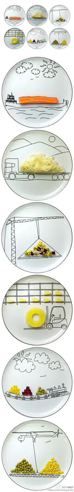 【创意手绘盘子】这套以运输工具为主题的盘子是由Boguslaw Sliwinski设计完成的，它可爱的手绘风格一定会轻易的就赢得小孩子们的欢心，把食物精心的摆放在上面的时候整个情景就好像正在播放一段轻松的卡通片。