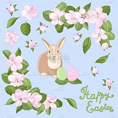贺卡,复活节,鸡蛋,苹果花,兔子,可爱的,草,动物,春天,背景