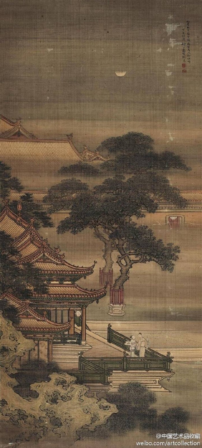 七夕节#【 清袁耀《七夕图》 】立轴，绢本设色，93.5×42.5cm。 题识