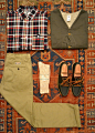 Engineered Garments Plaid Flannel Work Shirt
Post O&#;8217alls Olive Royal Traveler Vest
Left Field Military Twill Tailored Chinos
Two Feet Ahead Oatmeal Crew Socks
Oak Street Bootmakers Loden Vibram Sole Trail Oxfords