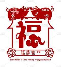 2019年中国猪新年，传统装饰风格的剪纸贺卡。幸运和美好的新年。