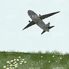 飞机  - 源文件下载【酷图网】飞机,山坡,花,草地,飞机插画,飞机手绘,雏菊