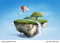 fantasy floating island with river stream on green grass with air balloon, surreal float landscape with waterfall paradise concept on blue sky cloud 3d illustration