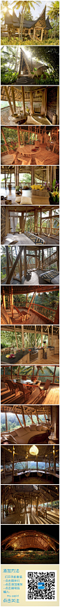 [巴厘岛绿色村庄度假村] 由当地设计师ibuku精心设计，这些竹屋用非常传统的方式建造而成，具有高质量的结构和很长的寿命。即使是承重能力很好的木材也比不上竹质材料。小竹子可以编织成既结实又轻质的室内隔断，弯曲构件则做成一种原始的旋转门。这种简单有效，容易获得并且具有柔韧性的材料很容易在同样构造的情况下创造出各种自由流畅的形式并且能够很好地与石质基础结合起来。