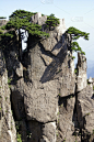 中国安徽，黄山，黄山和松树的岩石