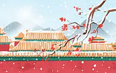 手绘冬至城墙梅花雪景原创插画海报