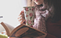 People 2560x1600 brunette books floral scarf cup women