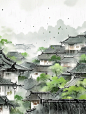 写意江南水乡青泉烟雨，中国古代乡村风光，鸟瞰全景海报