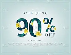 90%的字母手工与树叶和花卉热带装饰。出售折扣，网页推广，海报横幅背景，标志和符号。奢华独特的风格，